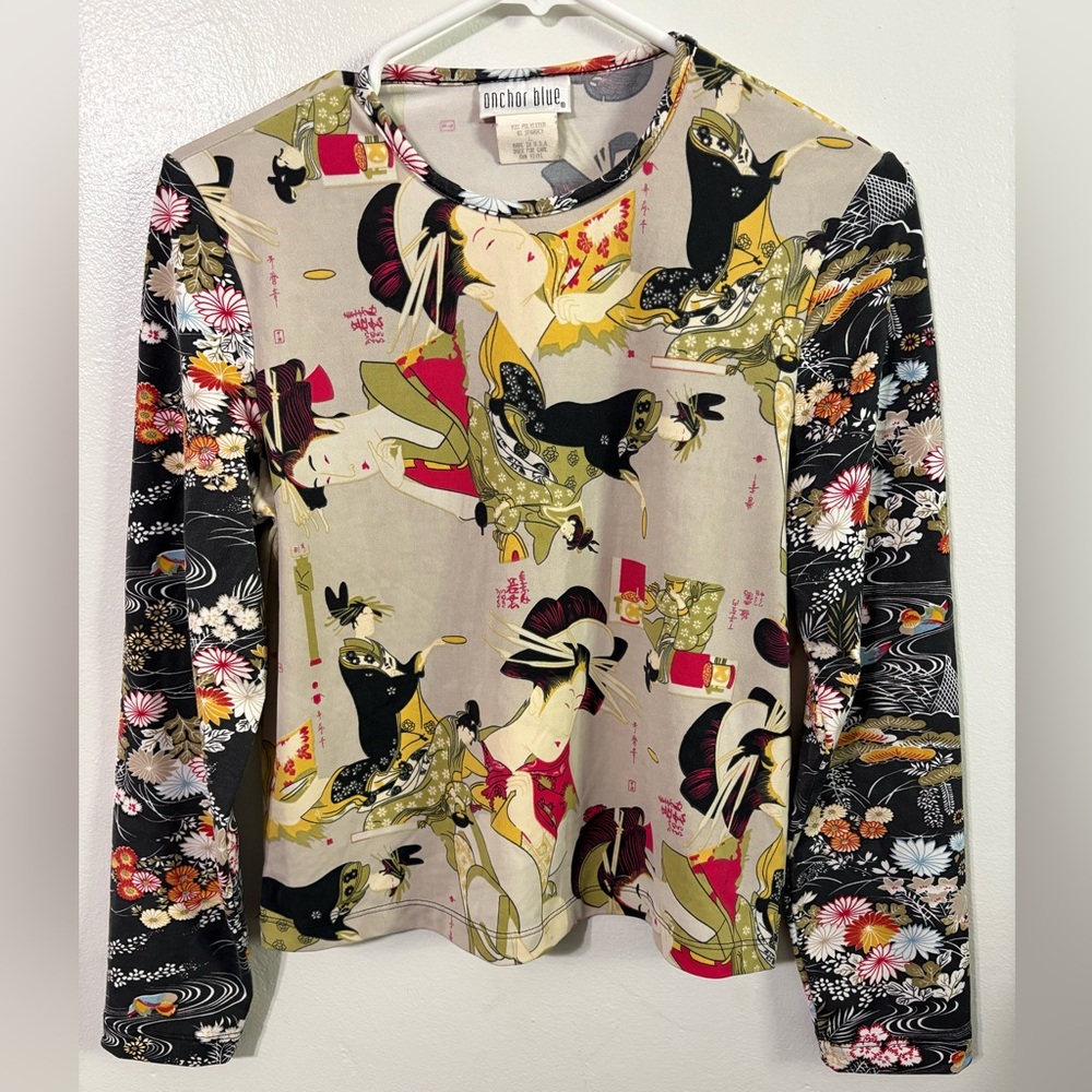 Anchor Blue Artistic Print Long Sleeve Top